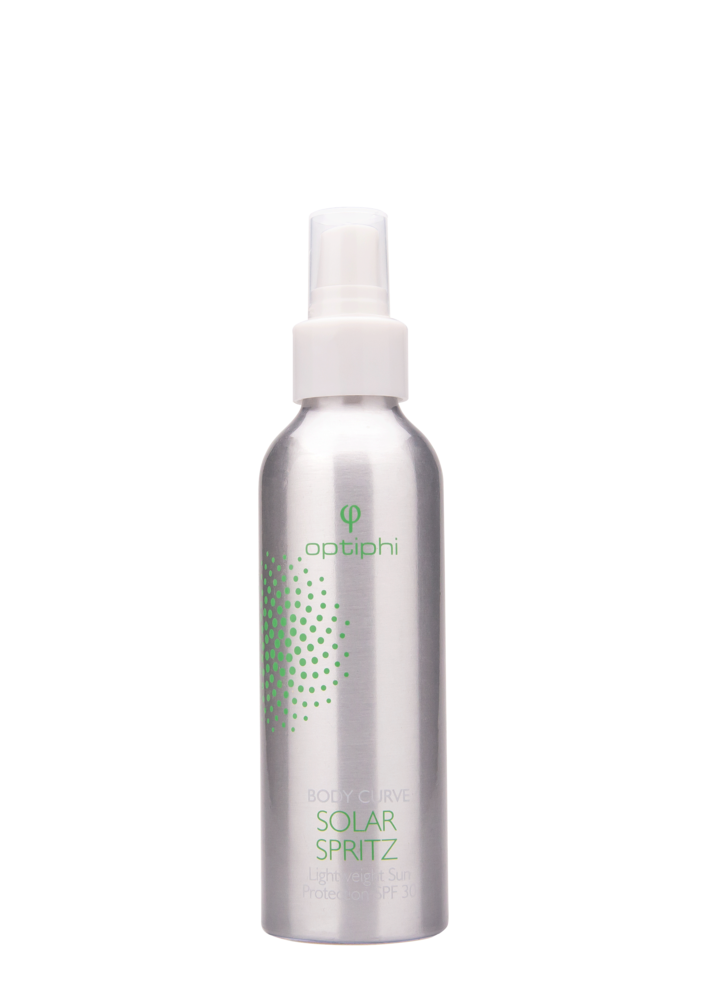 Optiphi Solar Spritz SPF 30 lightweight sunscreen spray for face and body with broad-spectrum UV protection, fast absorption and a shine-free finish for active outdoor lifestyles