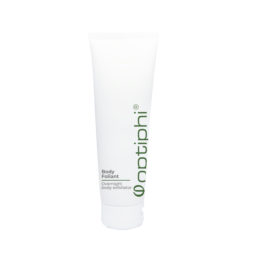 Optiphi Body Foliant body exfoliating treatment with glycolic acid, lactic acid and bacillus ferment to smooth rough skin, improve texture and promote brighter-looking skin