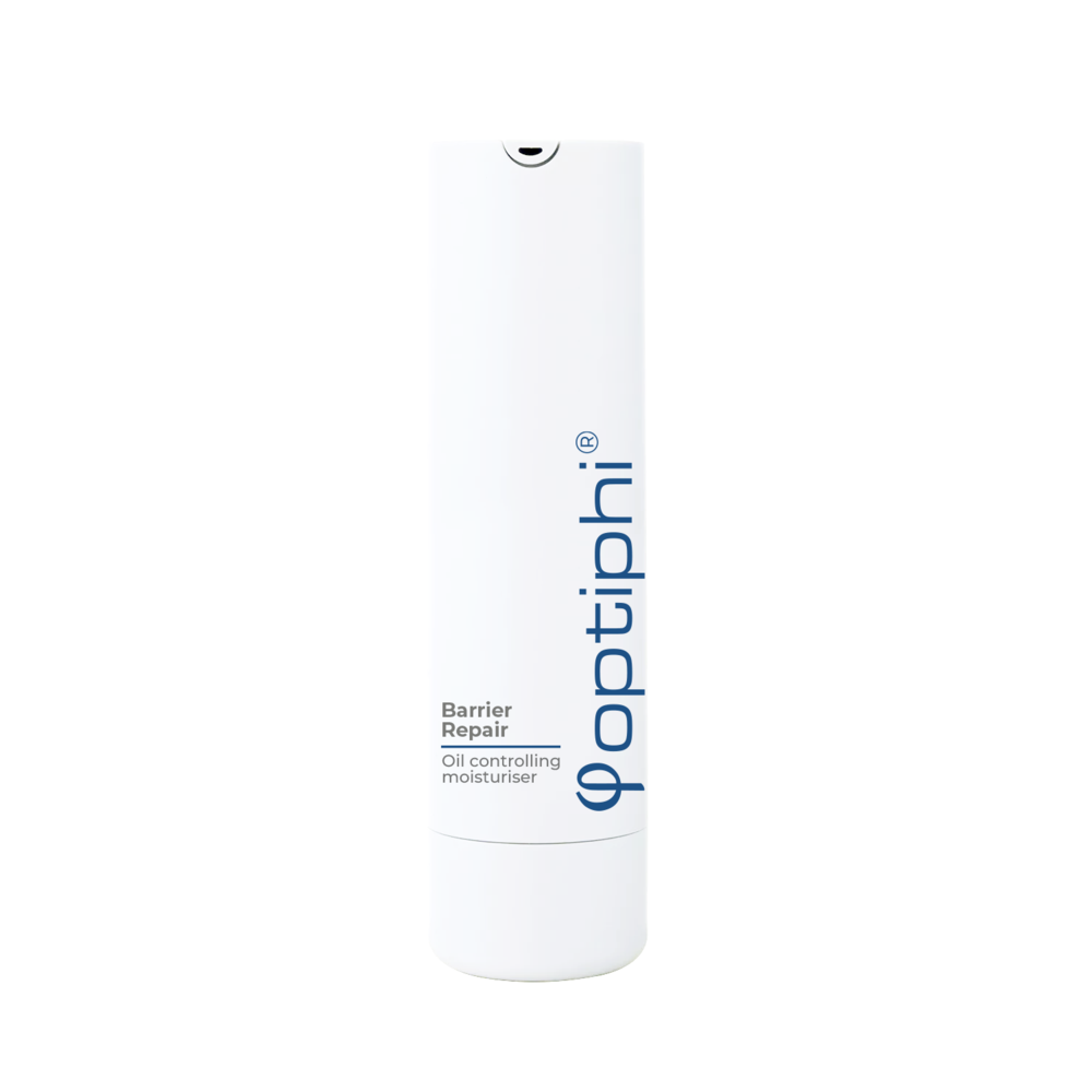 Optiphi Barrier Repair moisturiser for oily and breakout-prone skin with hyaluronic acid, Vitamin B5 and colour-correcting green capsules to hydrate and visibly reduce redness