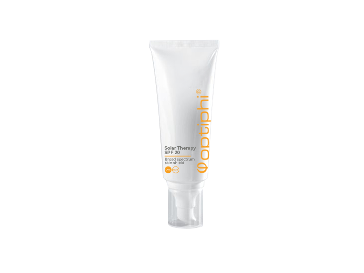 Optiphi Solar Therapy SPF 20 moisturising sunscreen with broad-spectrum UVA and UVB protection, hyaluronic acid and niacinamide to support hydration and daily skin defence