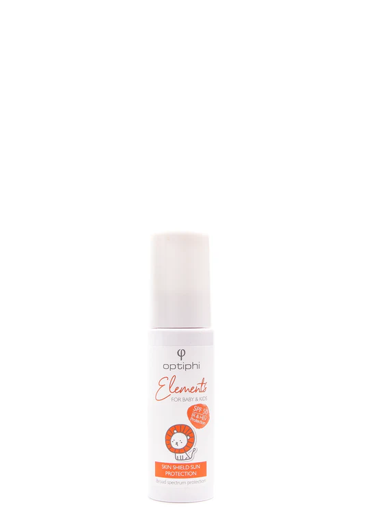 Optiphi Skin Shield Sun Protection SPF 50 mineral sunscreen for sensitive skin with zinc oxide and titanium dioxide, providing broad-spectrum UVA and UVB protection for face and body